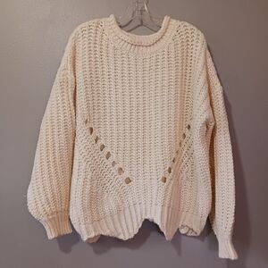 Bluivy Cozy Cream Chunky Knit Sweater Distressed Hem Balloon Sleeve Med Large